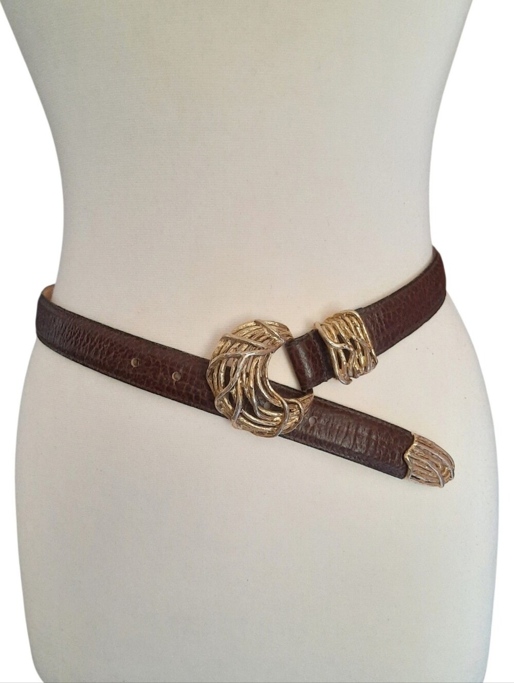 Vtg ASYMMETRY Brown Leather Belt w/3-pc Chunky Abstract Gold Buckle Set Sz M USA